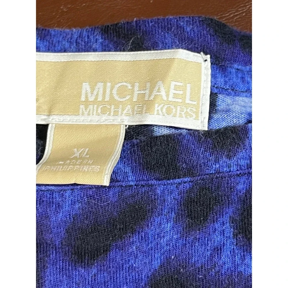 Michael Kors Womens XL Blue Black Leopard Animal Print Long Sleeve Crew Neck Top